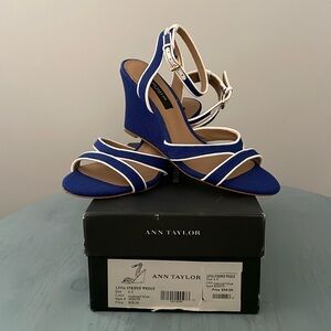 Ann Taylor Royal Blue with White Piping Ankle Strap Wedge Sandal